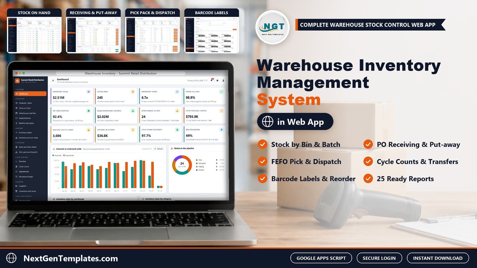 Warehouse Inventory Management System web app on a laptop with stock on hand, receiving, pick pack and dispatch and barcode label screens
