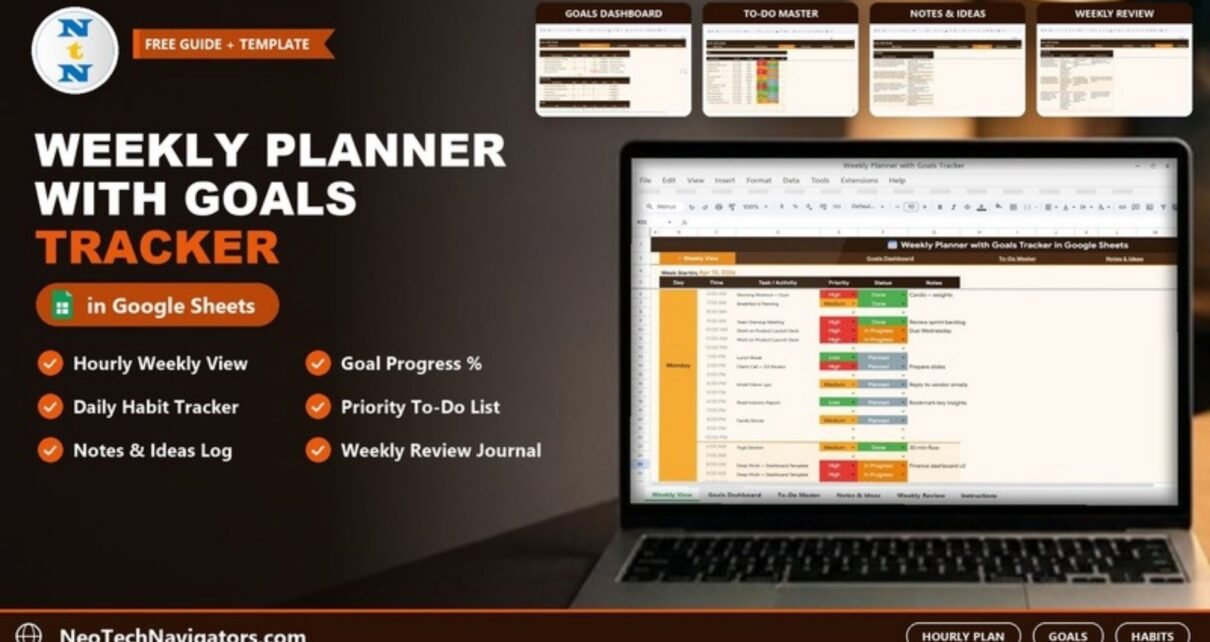 Weekly Planner with Goals Tracker in Google Sheets on a laptop showing the hourly Weekly View with Goals, To-Do, Notes and Review page previews