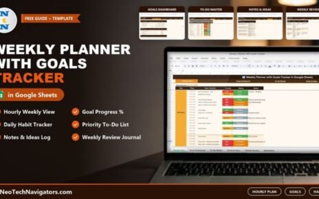 Weekly Planner with Goals Tracker in Google Sheets on a laptop showing the hourly Weekly View with Goals, To-Do, Notes and Review page previews