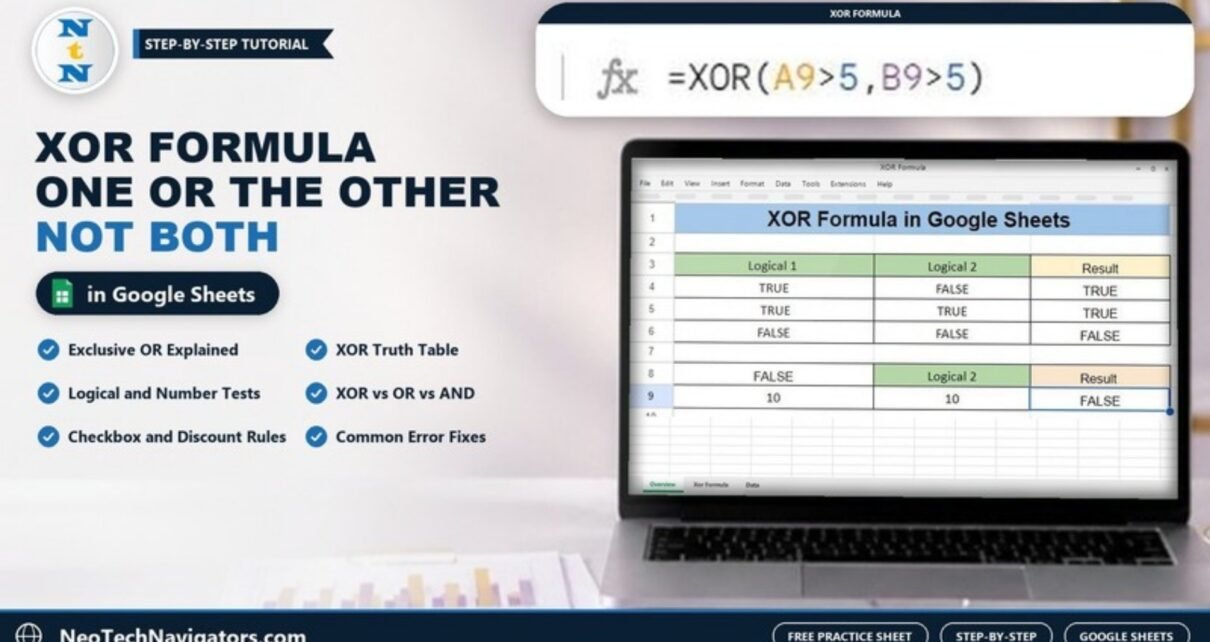 Laptop showing a Google Sheets XOR example with Logical 1, Logical 2 and Result columns, the XOR formula, and the title XOR Formula One or the Other Not Both