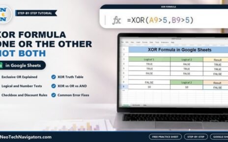 Laptop showing a Google Sheets XOR example with Logical 1, Logical 2 and Result columns, the XOR formula, and the title XOR Formula One or the Other Not Both