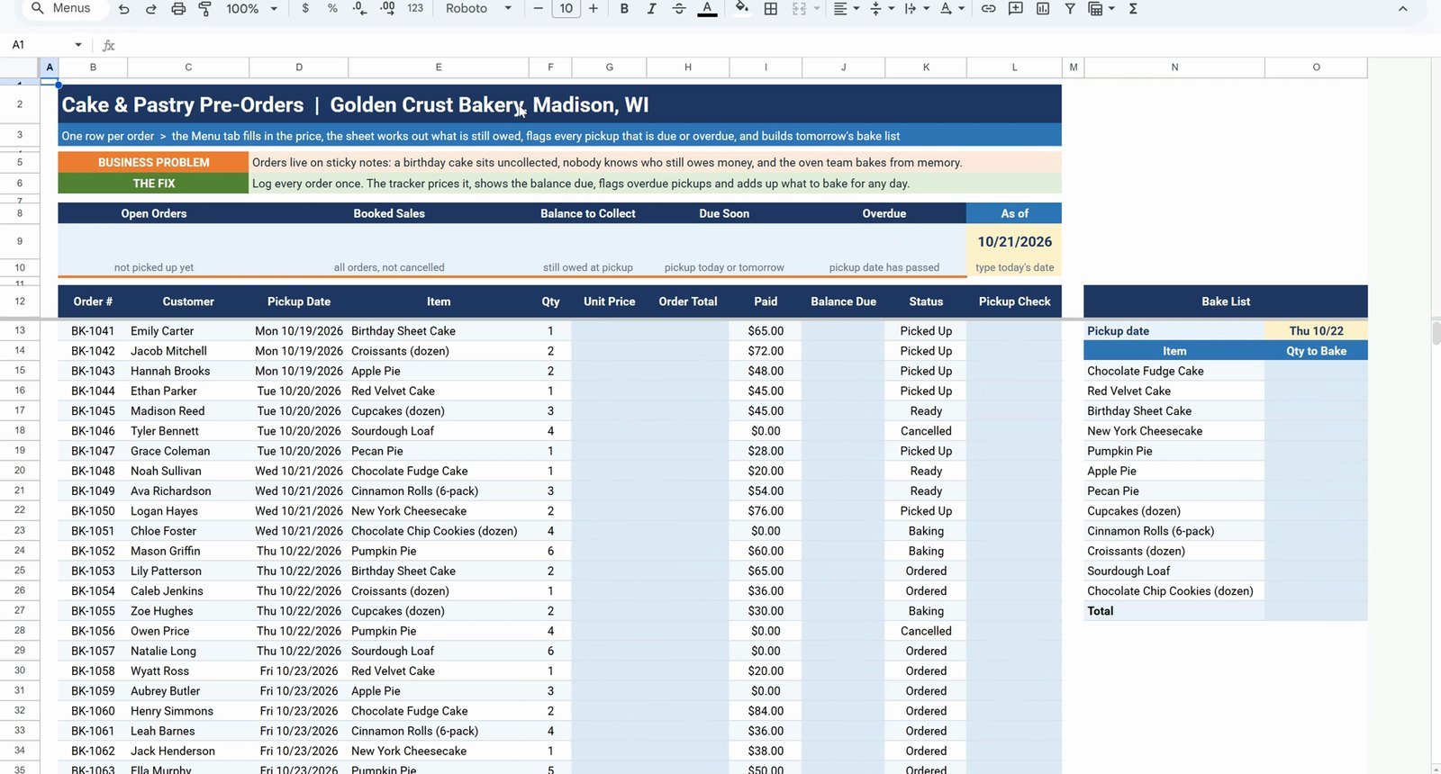 Bakery order tracker practice sheet in Google Sheets with empty columns