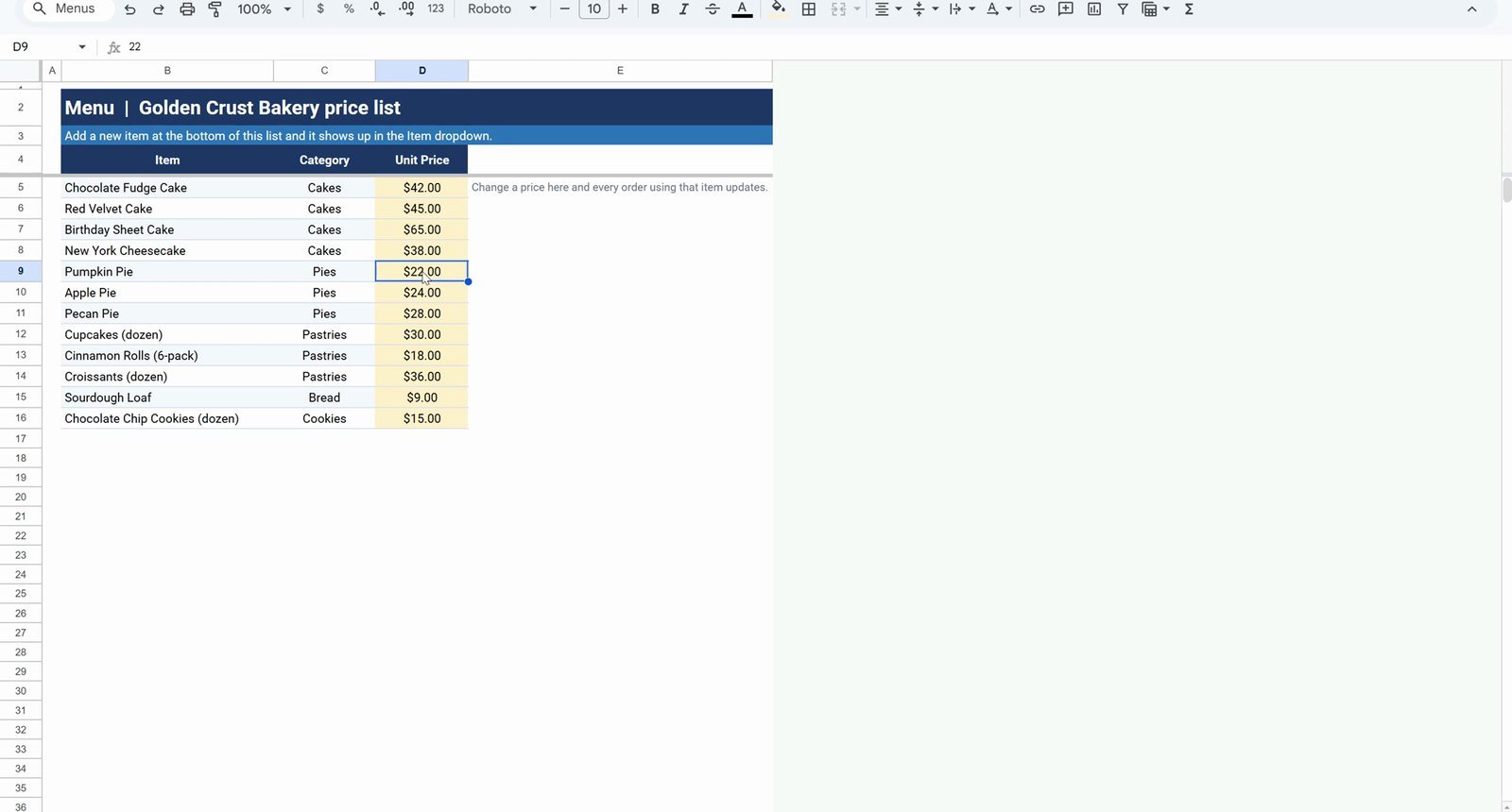 Bakery menu price list tab in Google Sheets