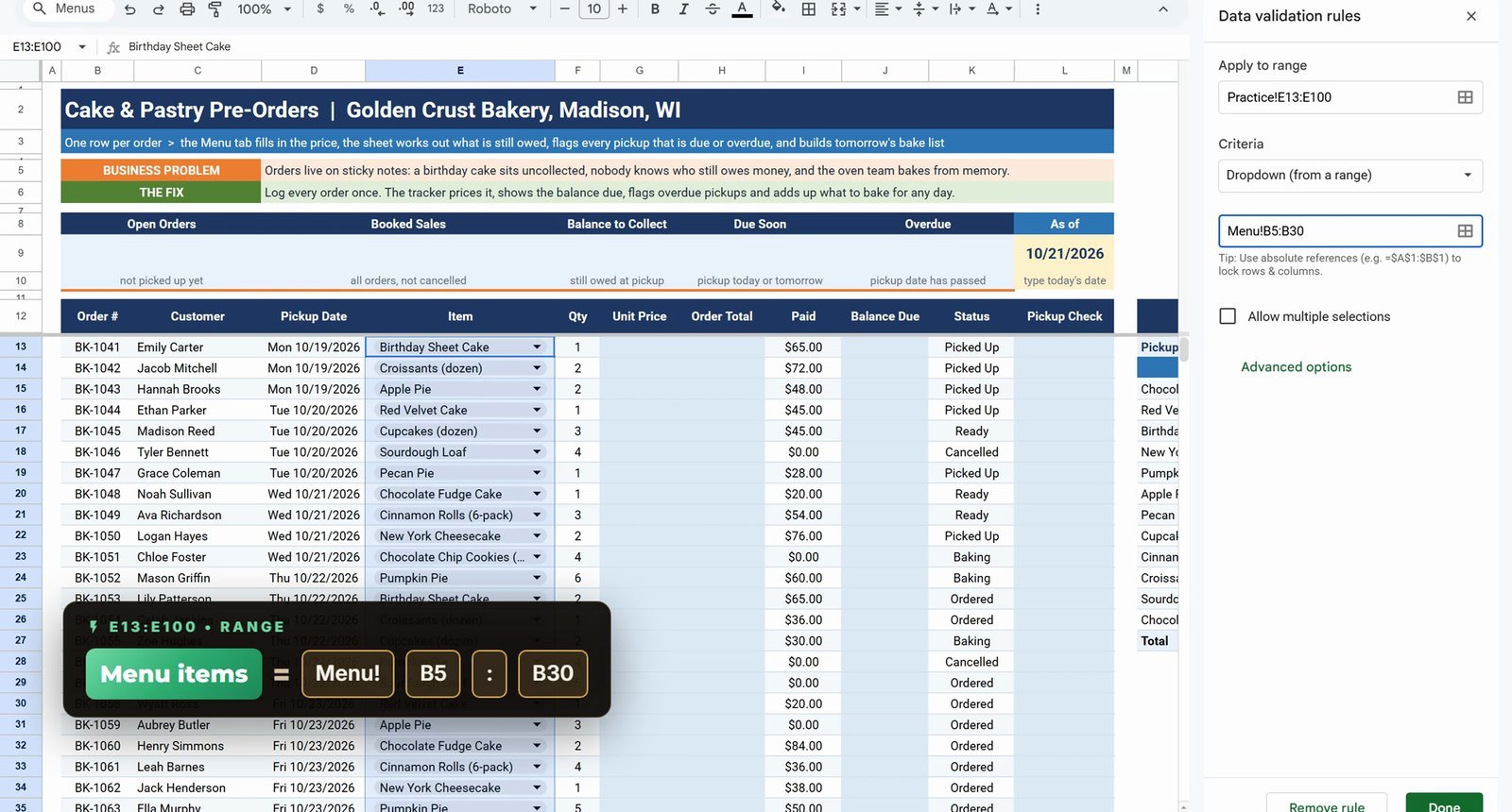 Dropdown from a range data validation in Google Sheets