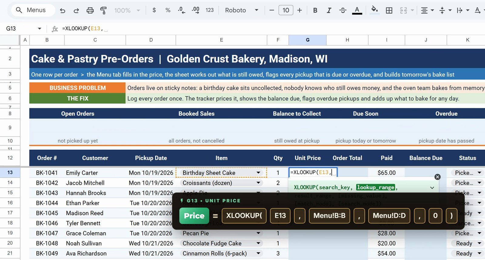 XLOOKUP unit price from a menu tab in Google Sheets