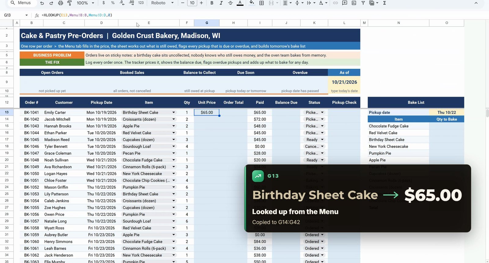 XLOOKUP returns the bakery item price