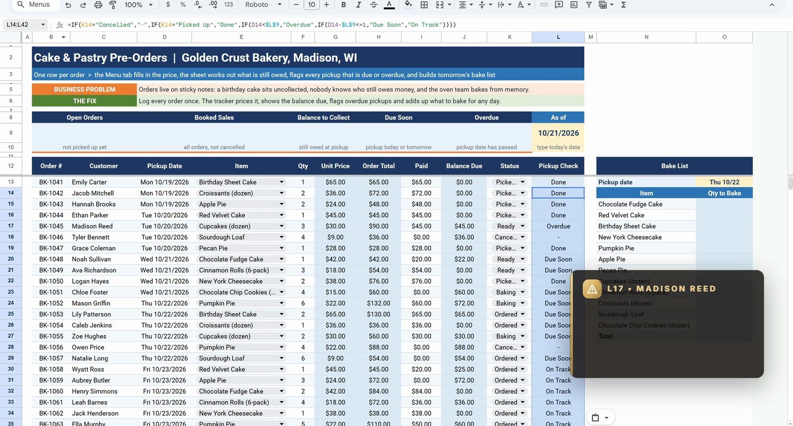 Overdue and due soon pickup badges in a bakery order tracker