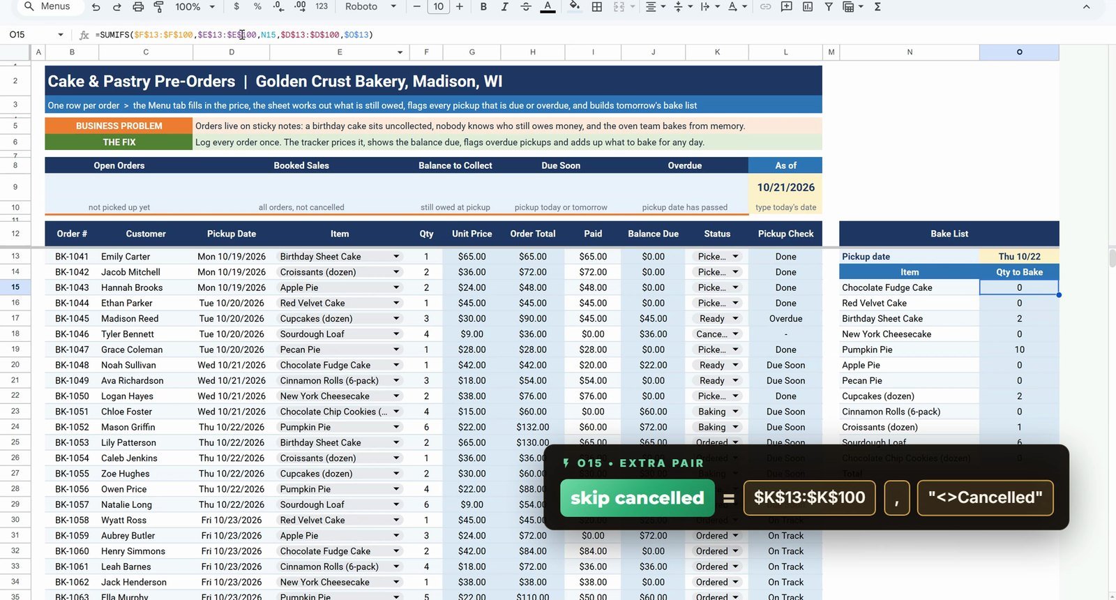 SUMIFS with not equal to Cancelled criteria in Google Sheets