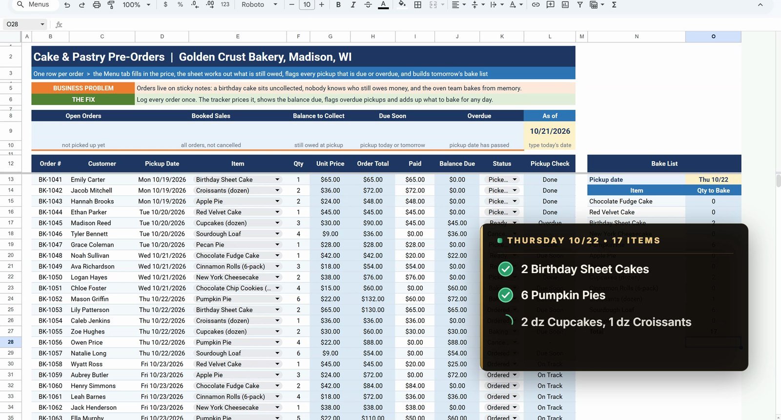 Bakery bake list for a pickup date in Google Sheets
