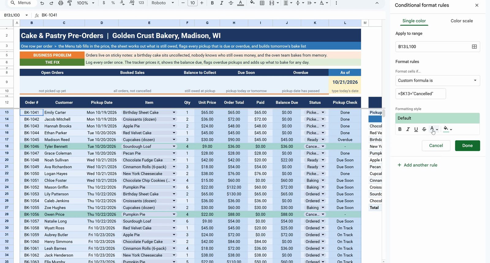 Conditional formatting custom formula to strike through cancelled orders
