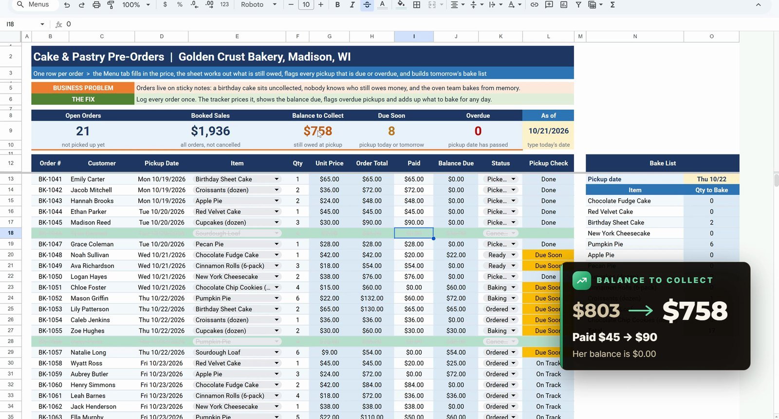 Balance to collect drops after a payment in Google Sheets