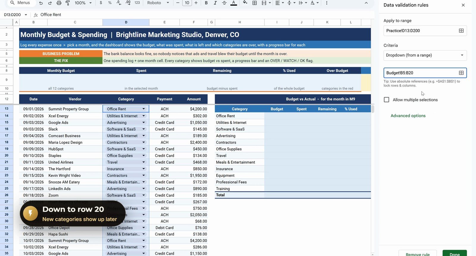 Dropdown from a range pointing at the Budget sheet