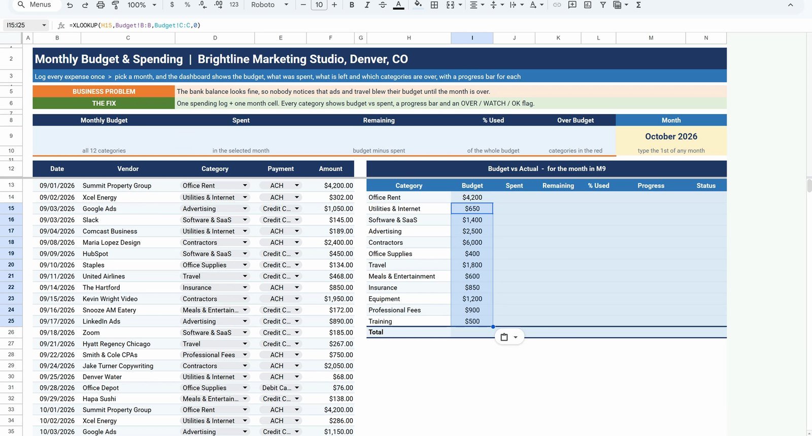 XLOOKUP budget lookup in Google Sheets