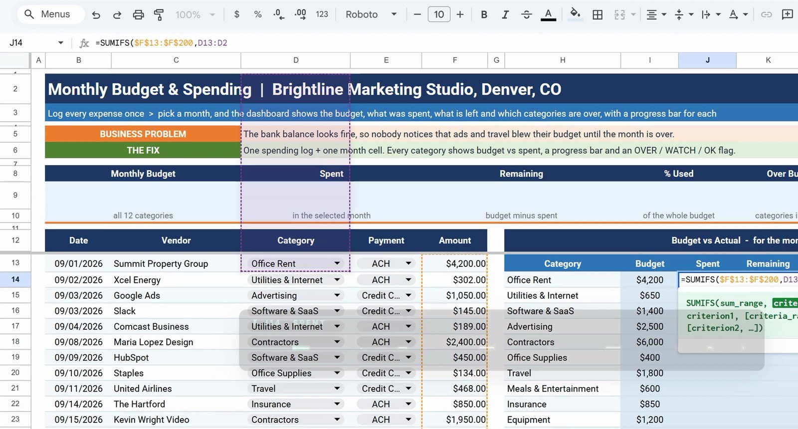 SUMIFS spent per category in Google Sheets