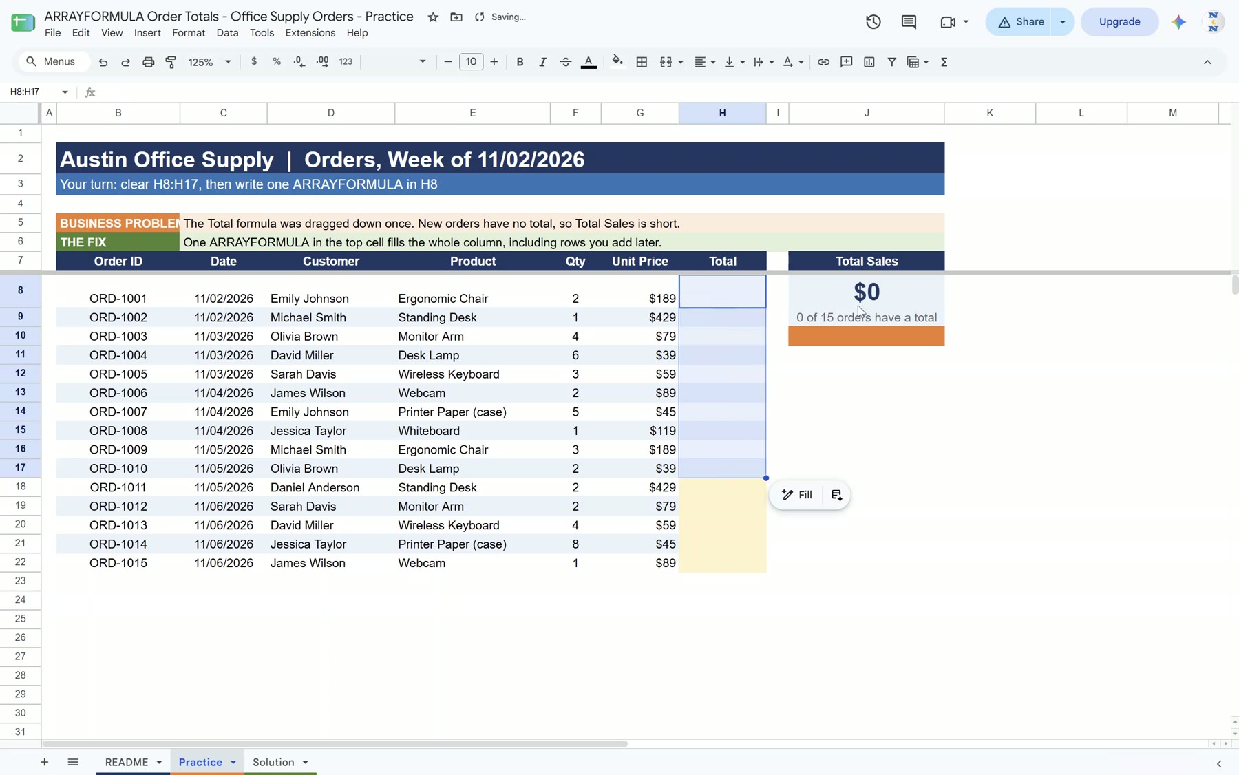 Total column cleared in Google Sheets before adding ARRAYFORMULA