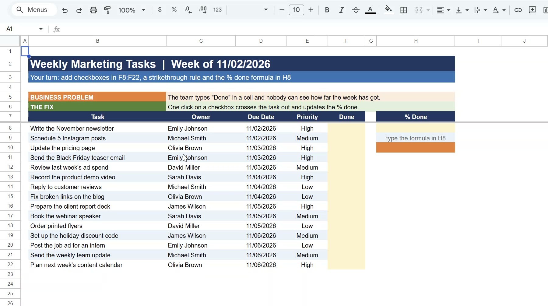 Google Sheets task list before adding checkboxes