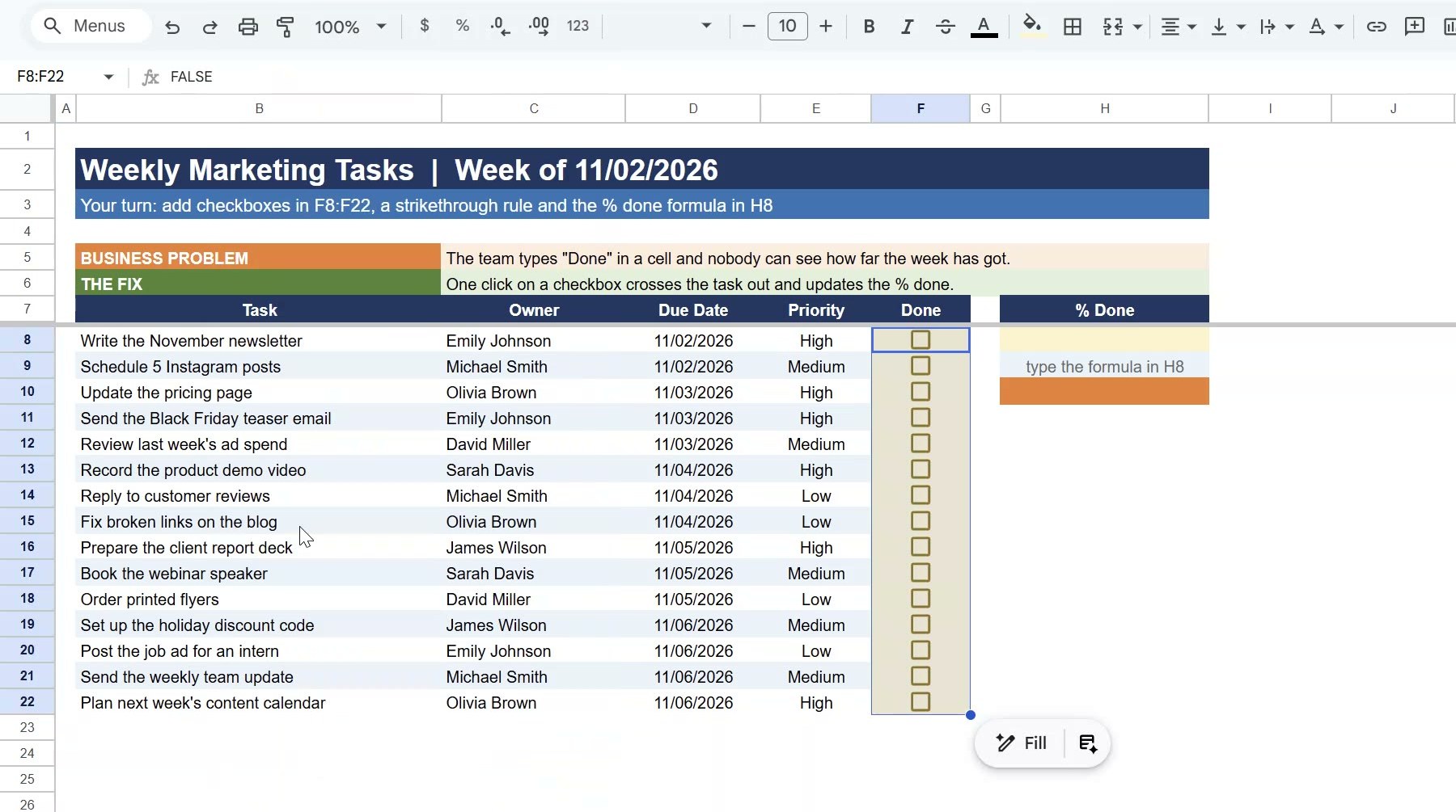 Insert checkbox in Google Sheets Done column