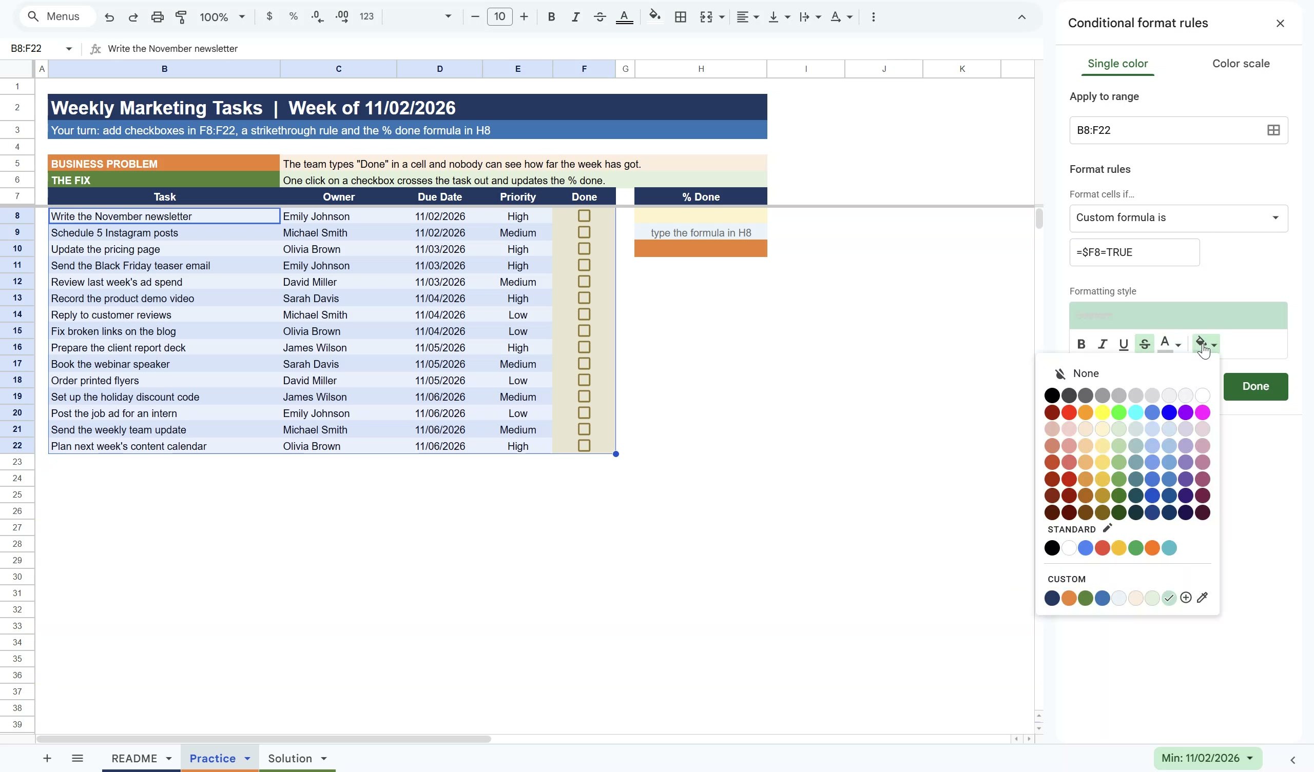Conditional formatting custom formula =$F8=TRUE for strikethrough in Google Sheets