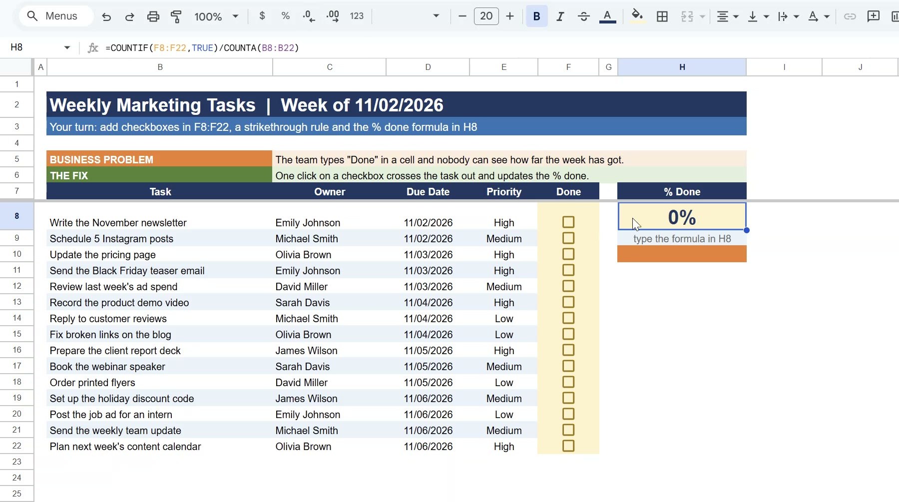 COUNTIF checkbox formula for percent done in Google Sheets