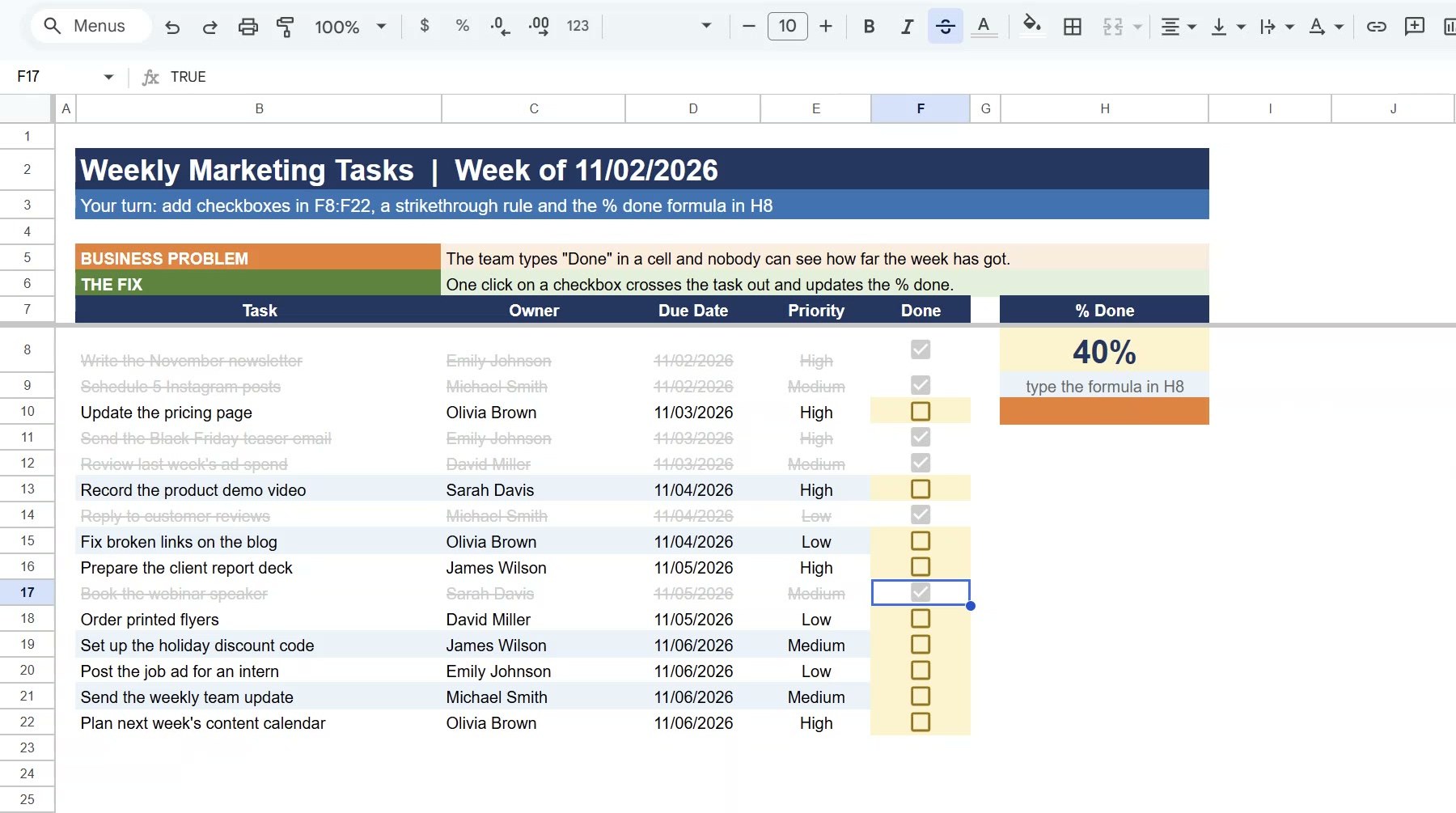 Google Sheets checkbox strikethrough rows and 40% done
