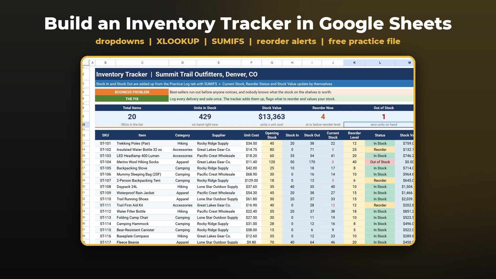 Inventory tracker in Google Sheets built in this tutorial