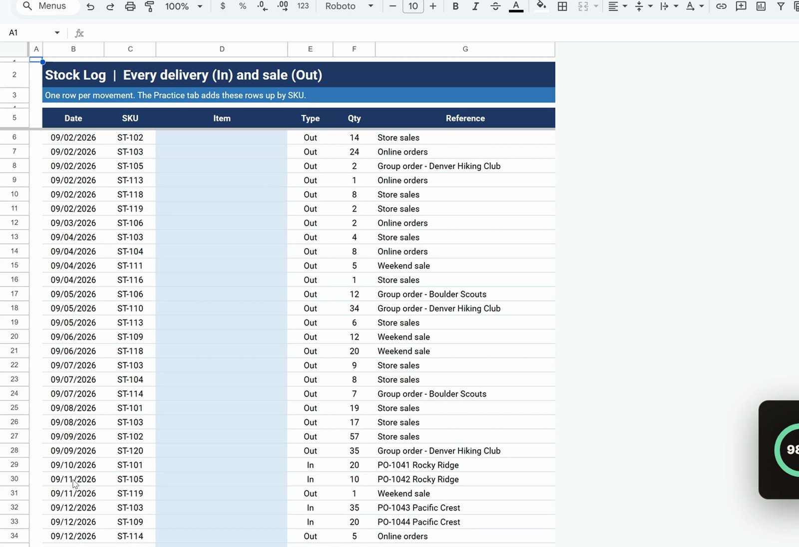 Google Sheets stock log with In and Out movements
