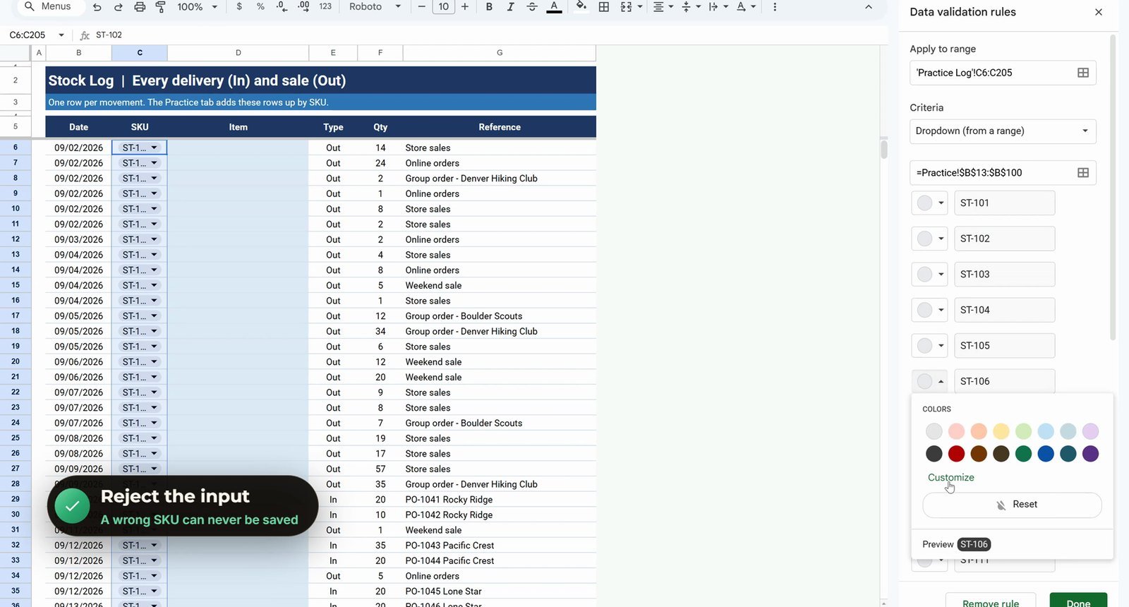 Data validation dropdown from a range in Google Sheets