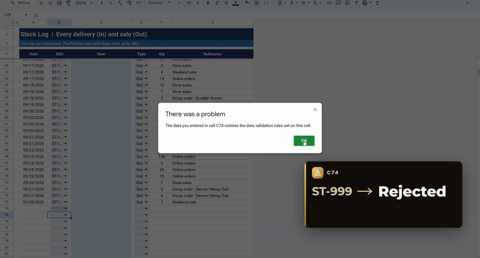 Google Sheets rejects a SKU that is not in the dropdown list