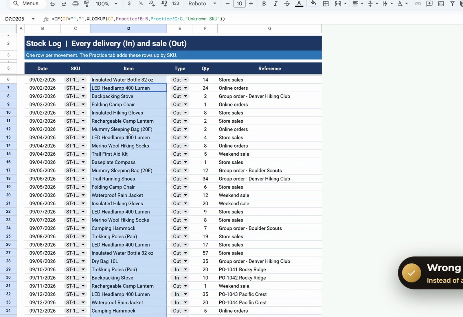 XLOOKUP item name from SKU in a Google Sheets stock log