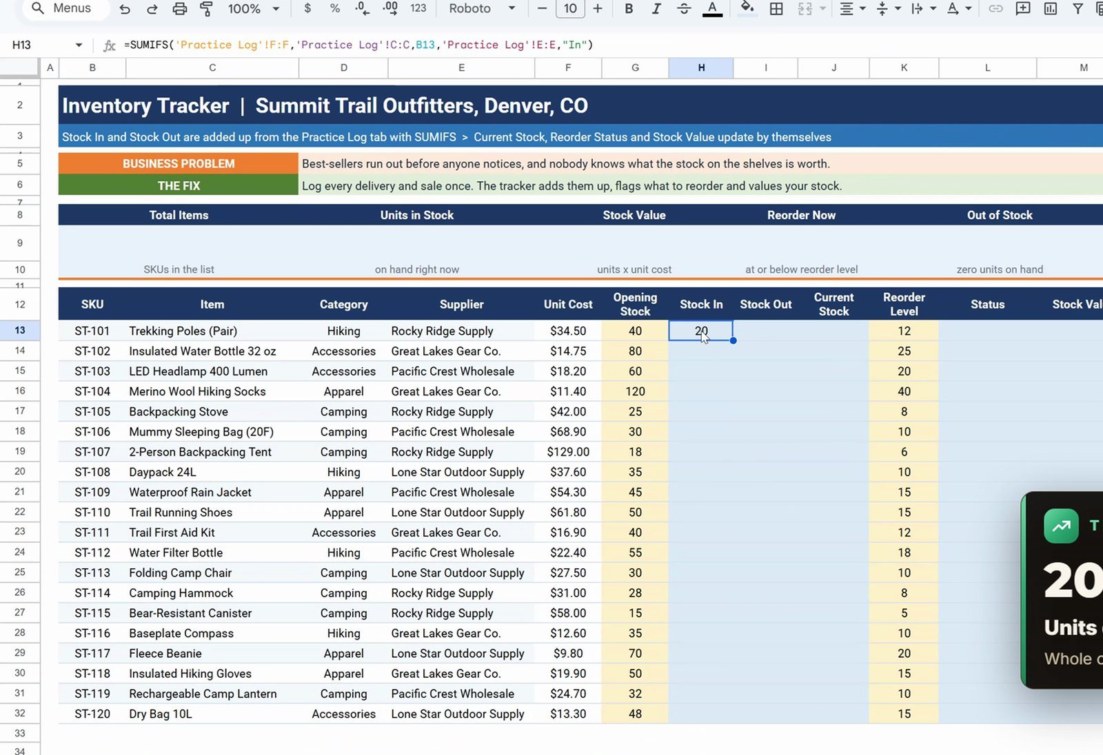 SUMIFS stock in by SKU in Google Sheets