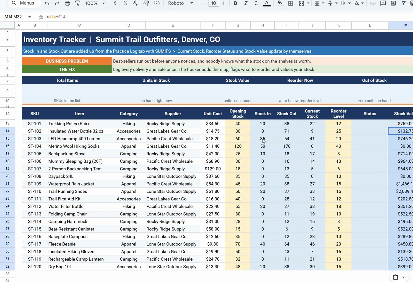 Current stock and stock value columns in a Google Sheets inventory tracker