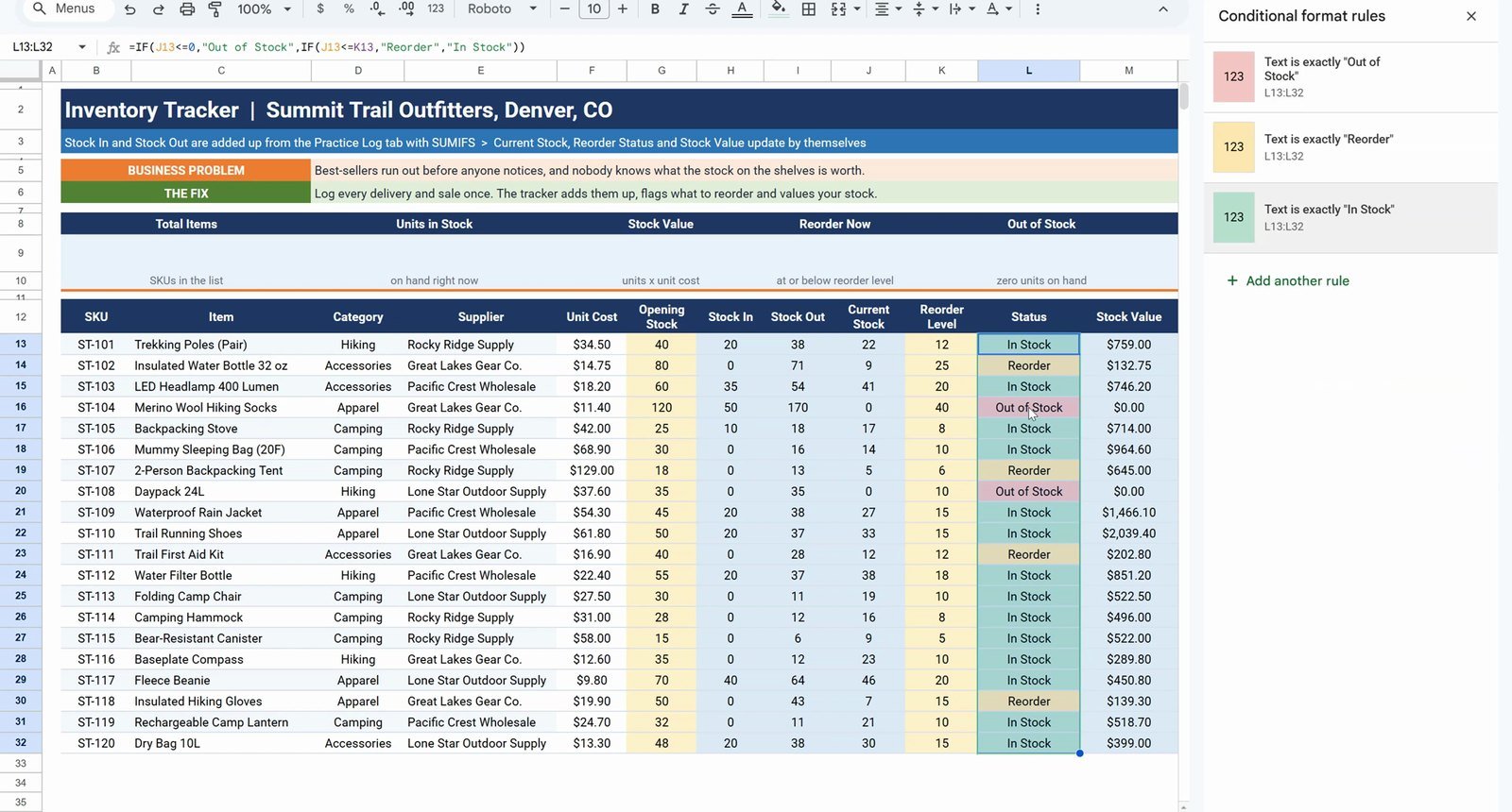 Conditional formatting status badges in a Google Sheets inventory tracker