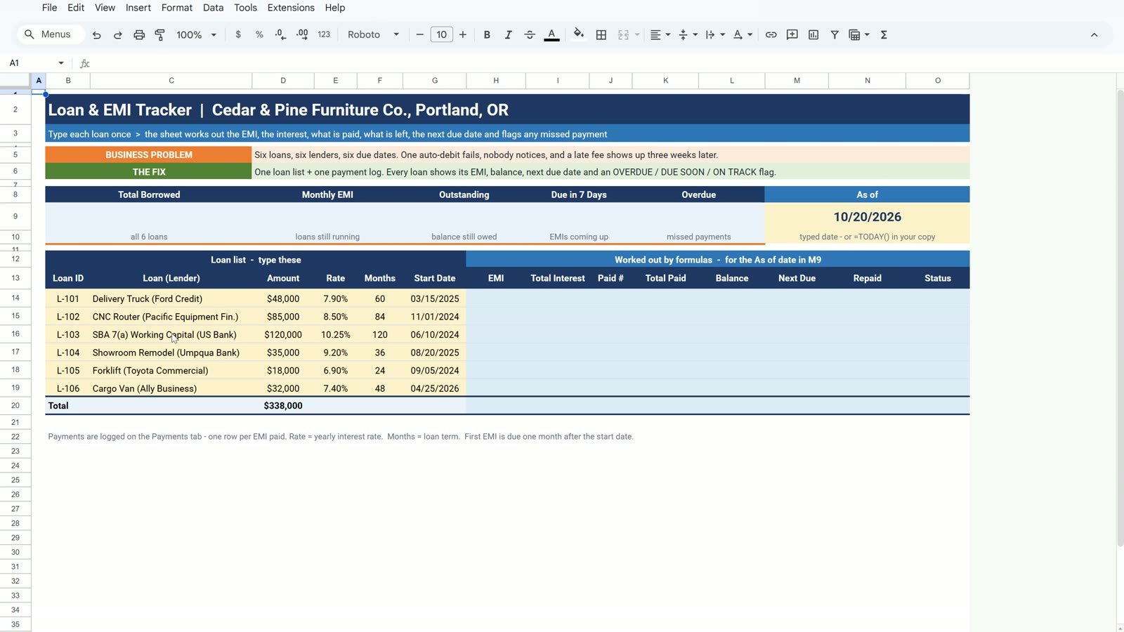 Loan tracker practice sheet with empty formula columns