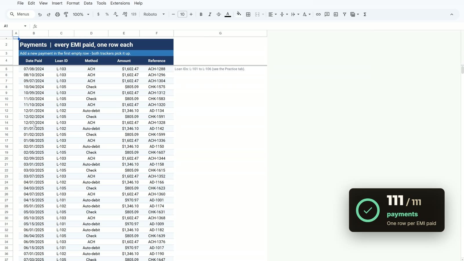 Payments sheet with 111 logged EMIs