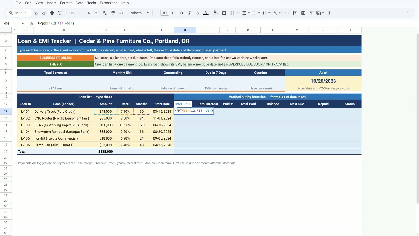 PMT formula for the monthly EMI in Google Sheets