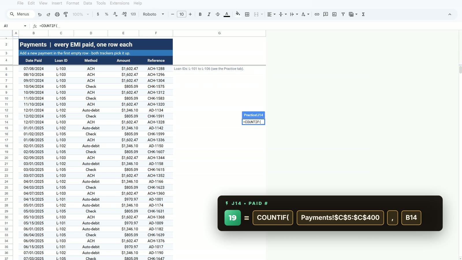 COUNTIF across sheets for payments made