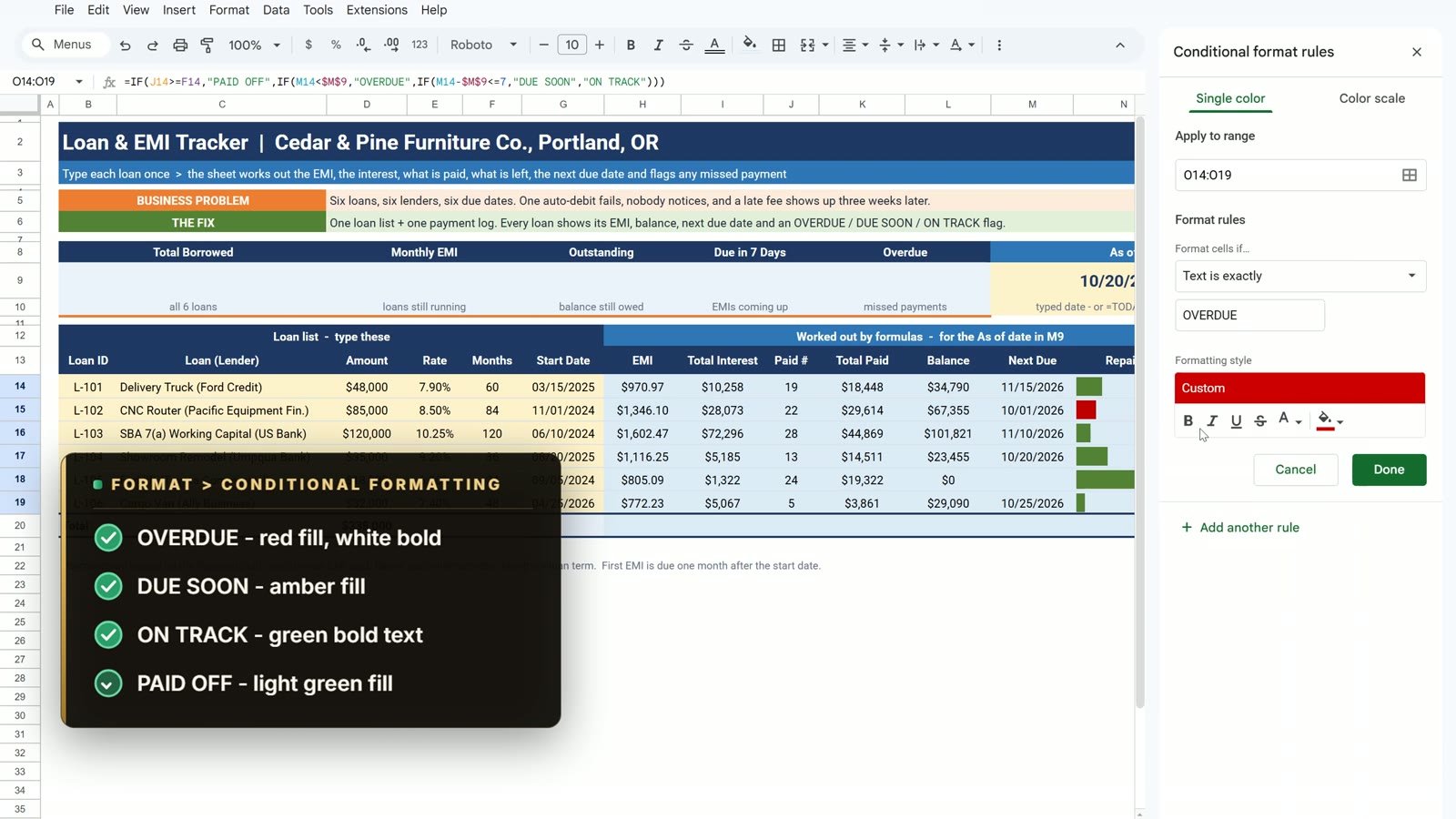 Conditional formatting rules for loan status badges