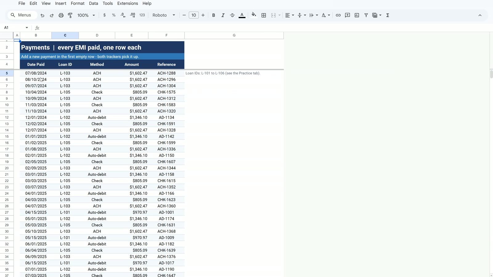 New payment typed in the first empty Payments row