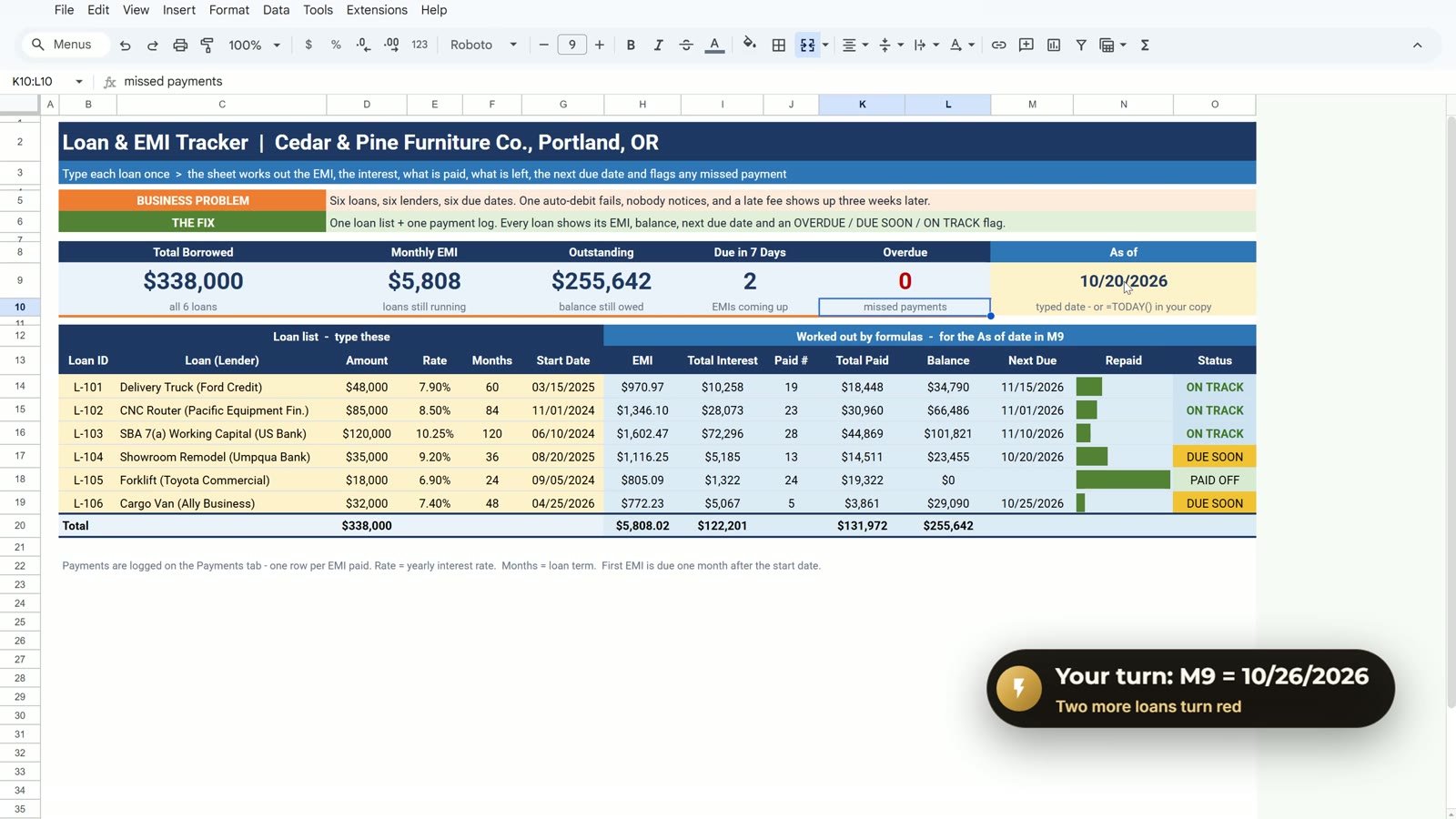 Overdue card drops to zero after logging the payment