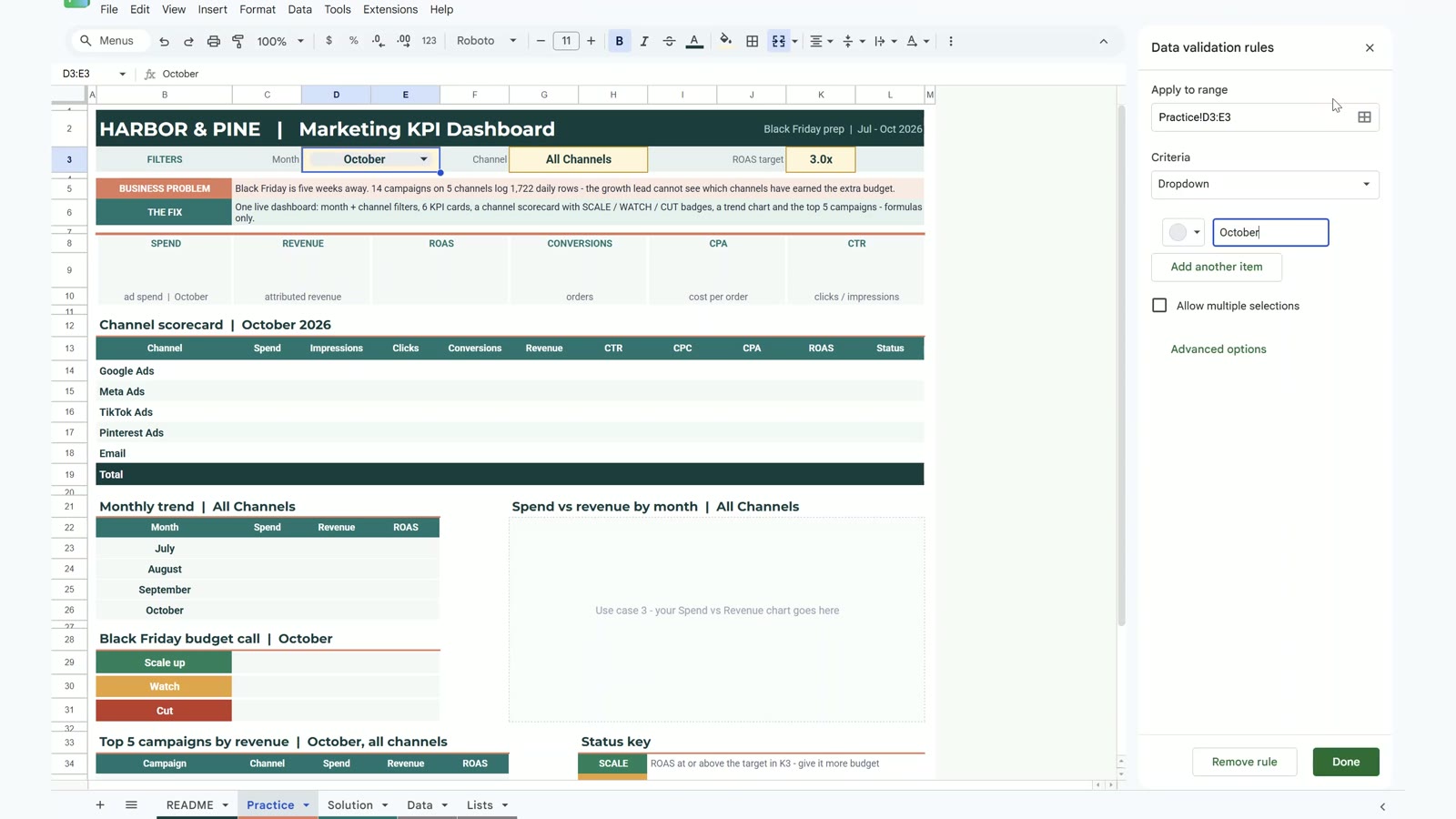 Data validation dropdown from a range in Google Sheets
