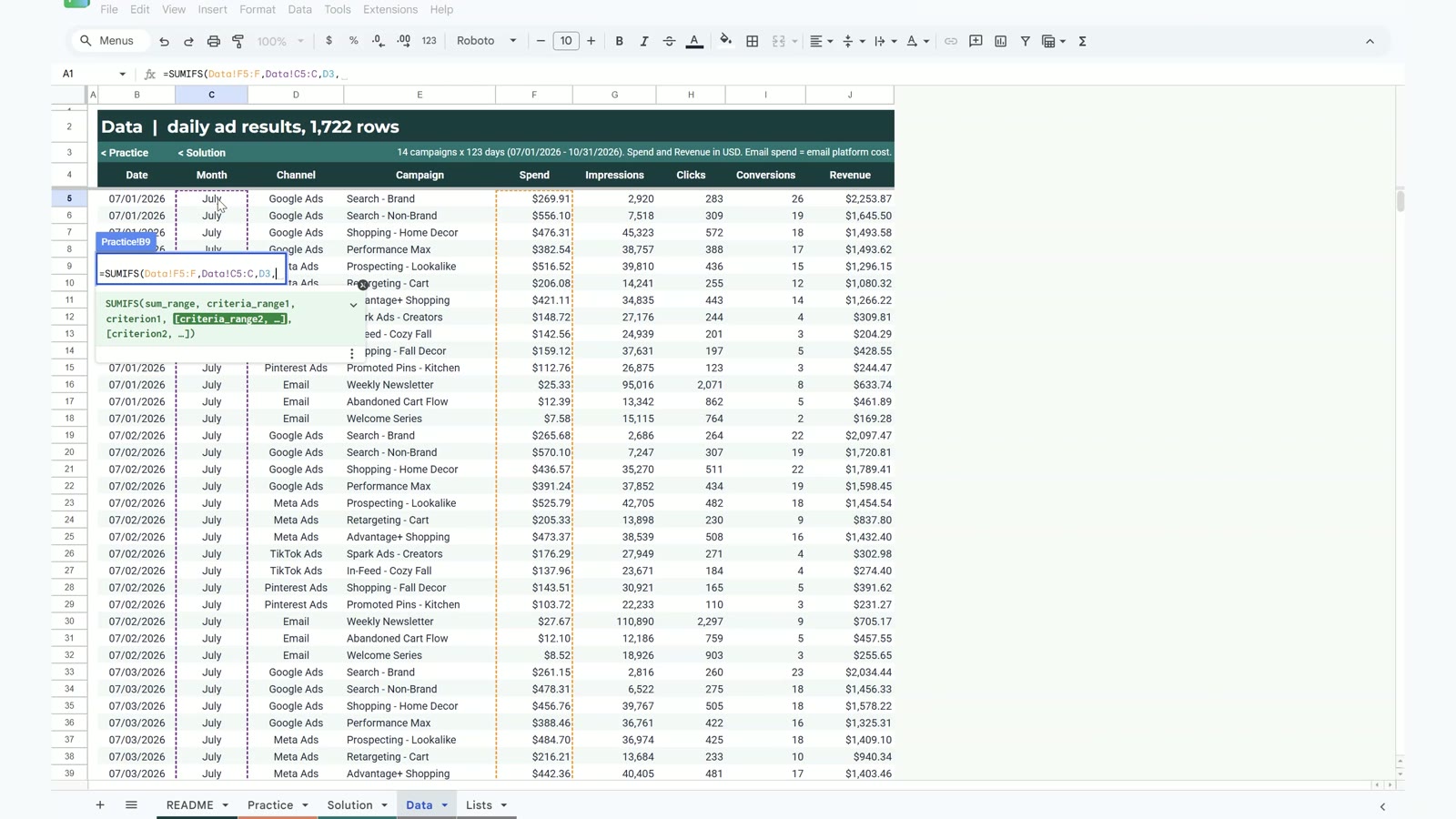 SUMIFS formula for the Spend KPI card