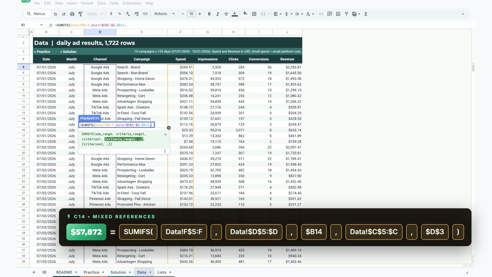 Mixed reference SUMIFS formula in the channel scorecard