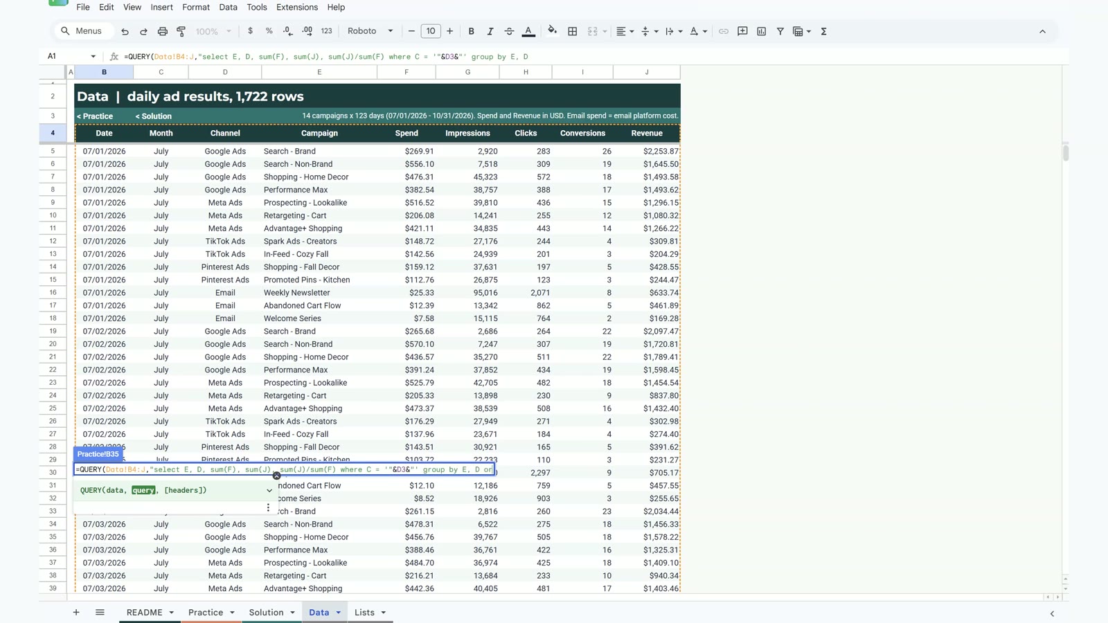 QUERY formula for the top 5 campaigns