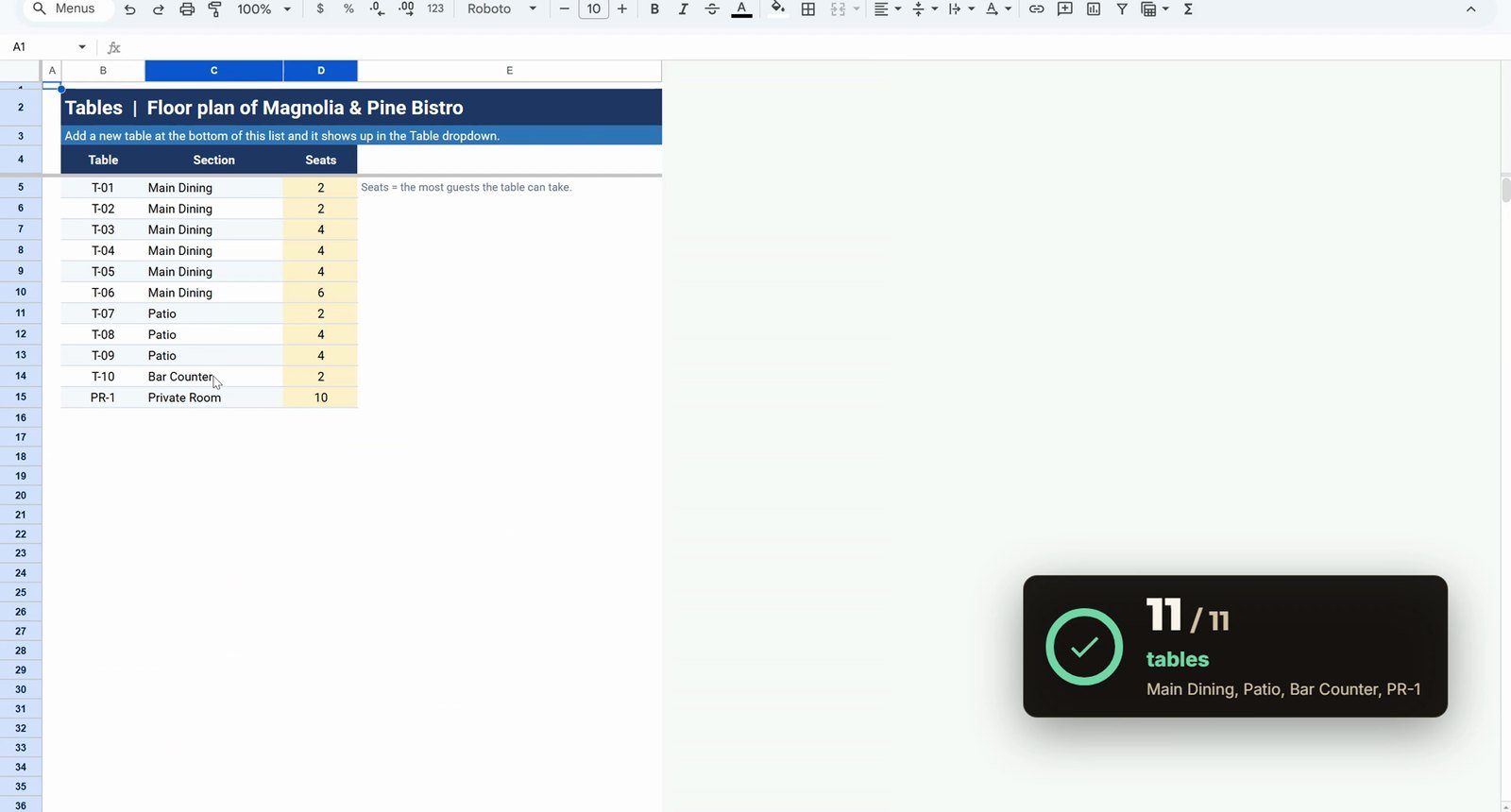 Restaurant table floor plan tab with section and seats in Google Sheets