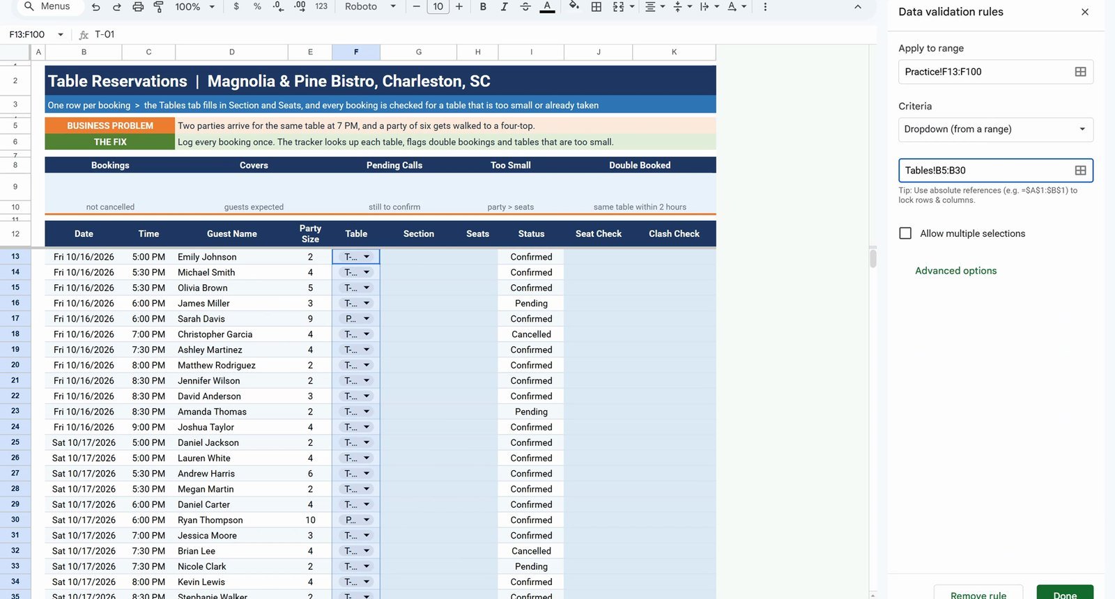 Dropdown from a range pointing at the Tables tab in Google Sheets
