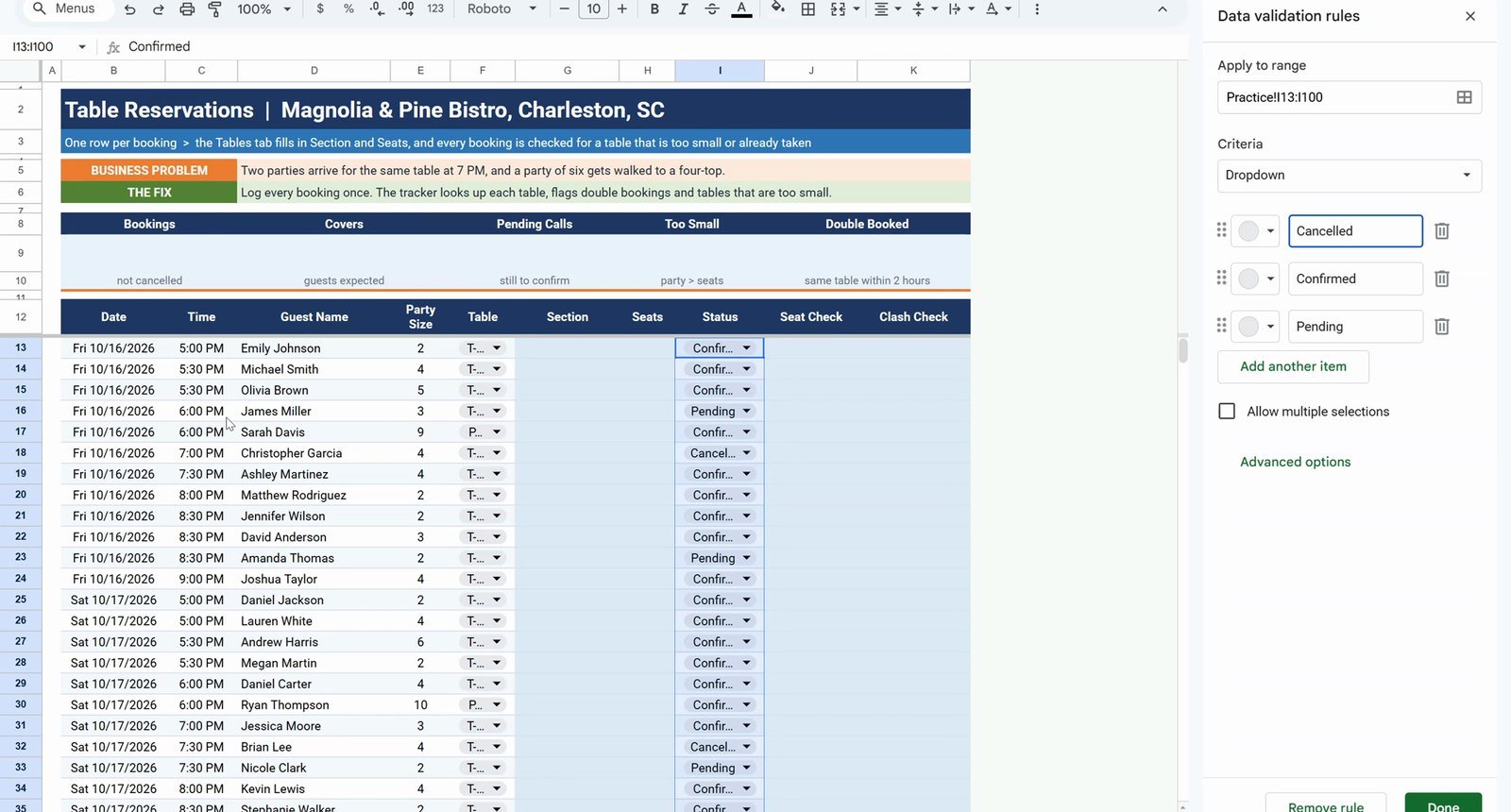 Status dropdown with Confirmed Pending Cancelled in Google Sheets