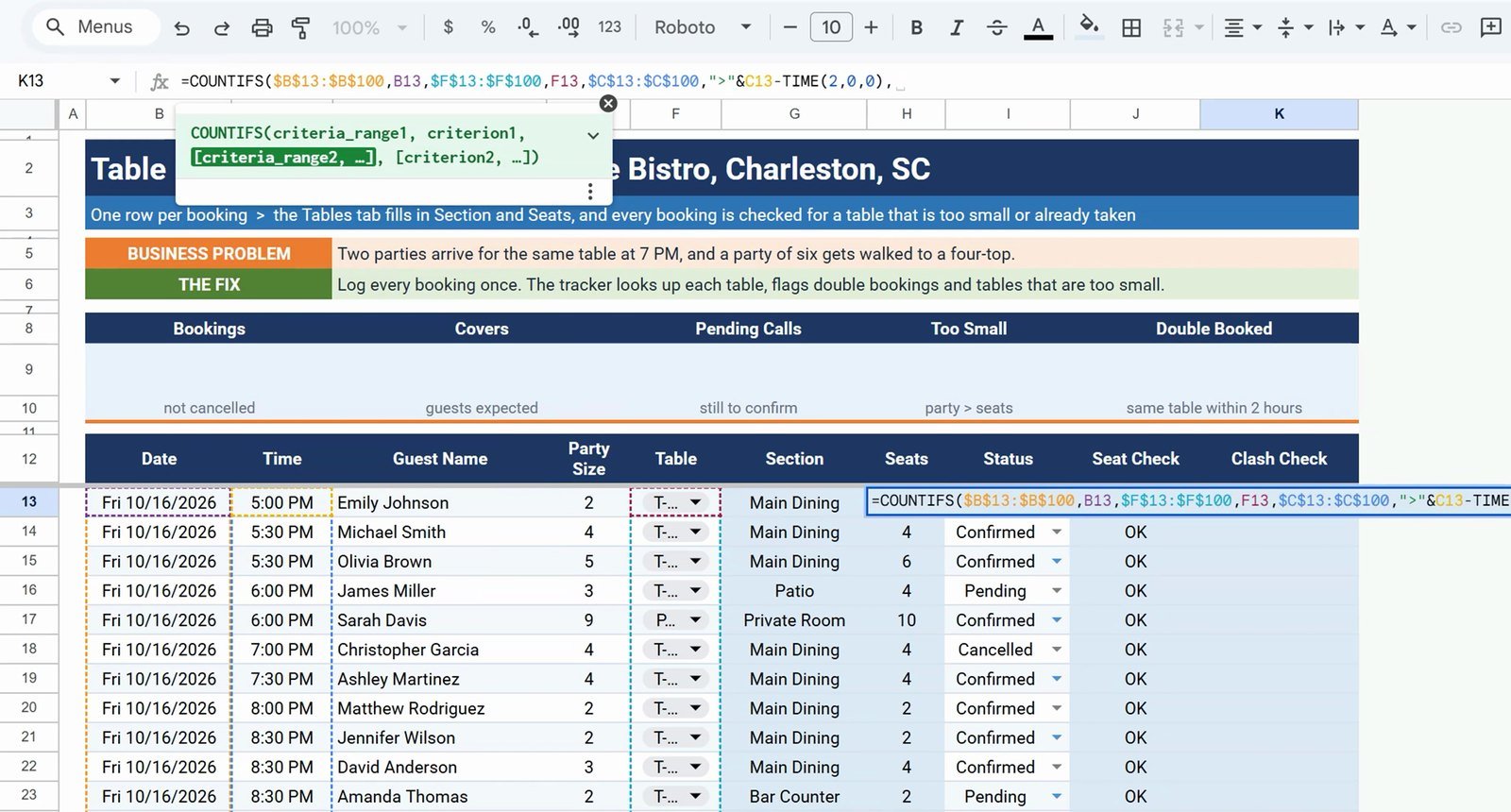 COUNTIFS clash check with TIME criteria in Google Sheets