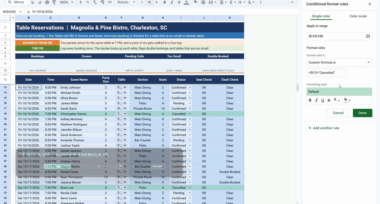 Conditional formatting custom formula to strike through cancelled bookings