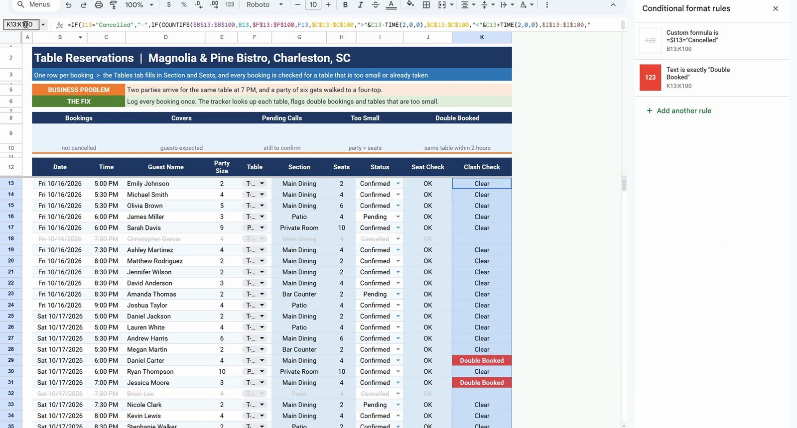 Red badge conditional formatting rules for Double Booked and Too Small