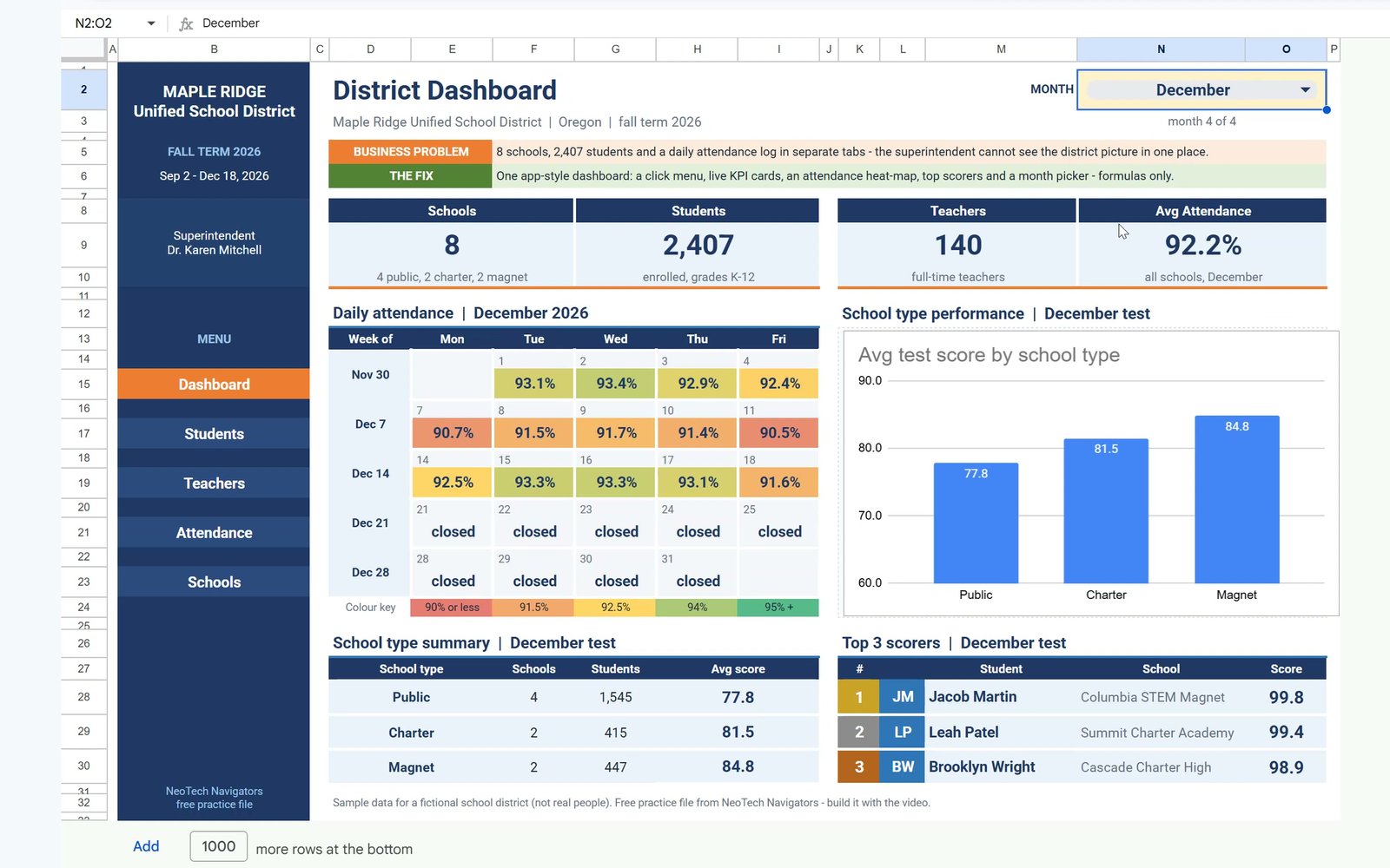 App-style school dashboard in Google Sheets built in this tutorial